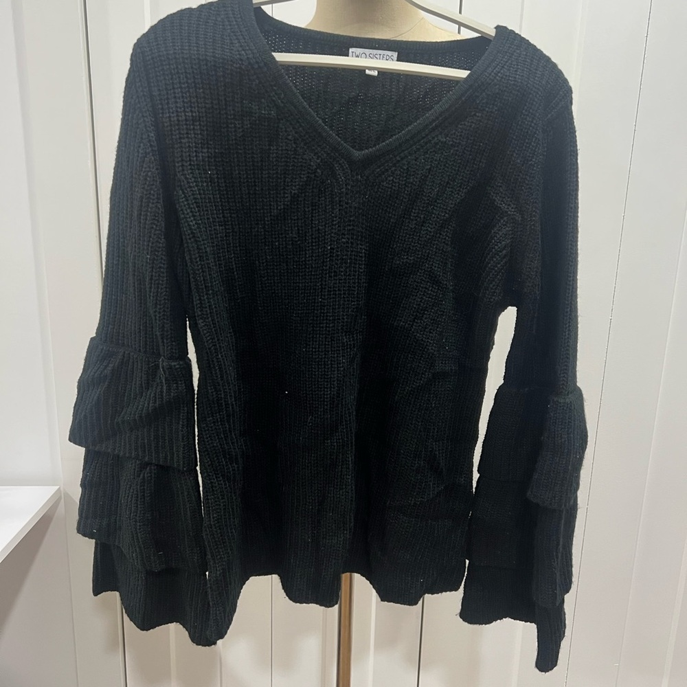 Black Ribbed Bell Sleeve Sweater